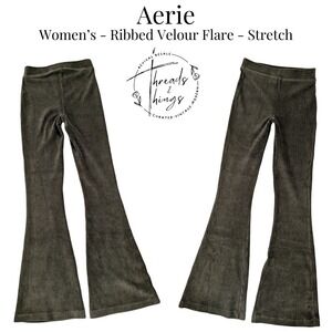 Aerie Ribbed Velour Flare Pants Womens Green Corduroy Hippie Boho Festival Retro